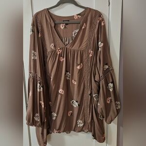 Torrid Brown Floral Blouse with Crochet Details
